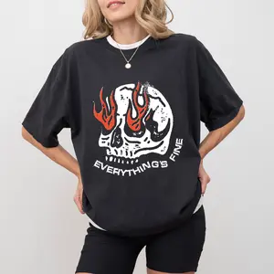 Everything Is Fine Skull Shirt, Fire Skull Tee, Rock n Roll Grunge Style, Funny Halloween Shirt, Gothic Skull Shirt, Halloween Party Tees, Oversized Women's Tops, Fall Casual Womenswear, Comfort Cotton Fabric Relaxed Fit Street Style