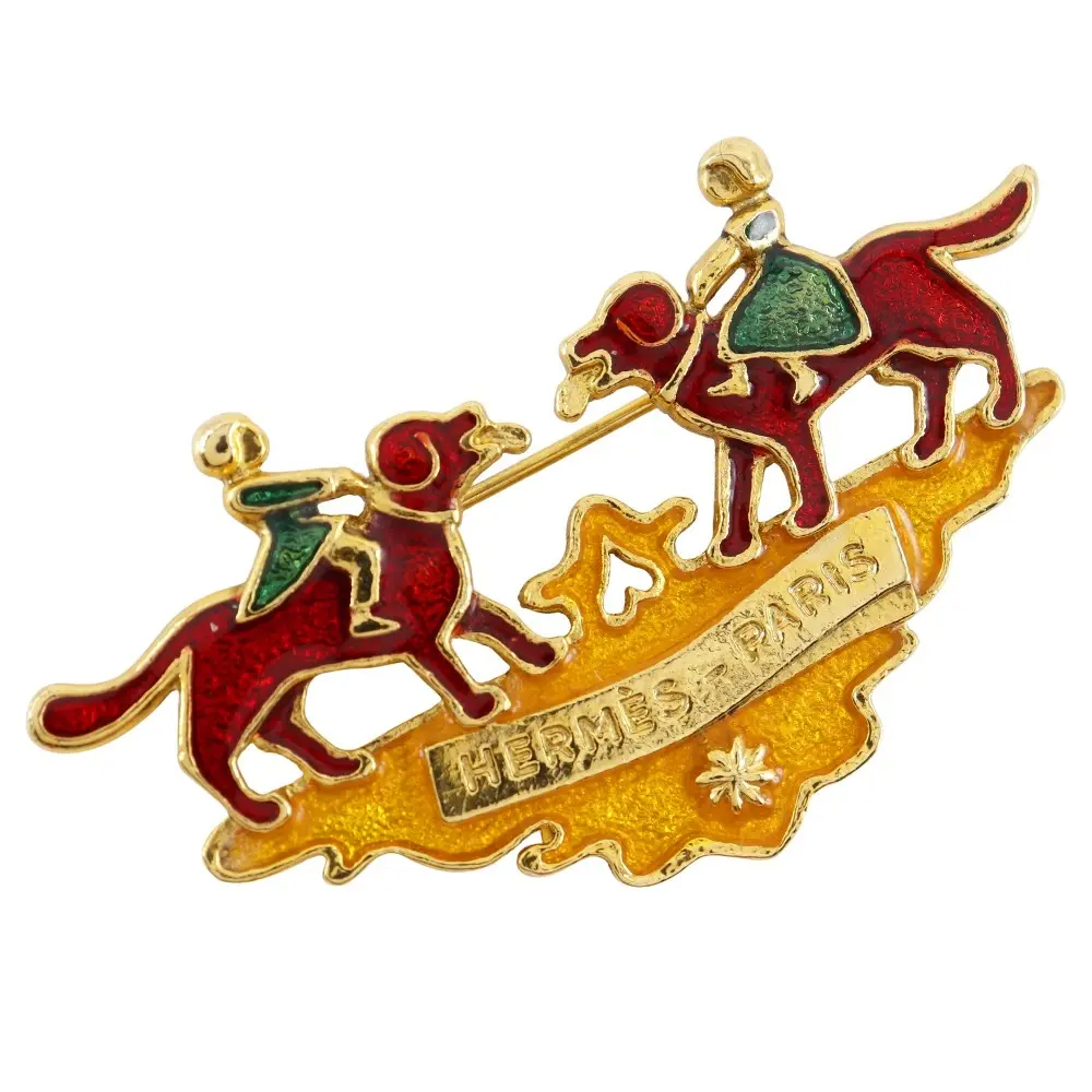 Pre-owned HERMÈS Stainless Small Leather Goods Hermes Cloisonne Girl & Dog Brooch