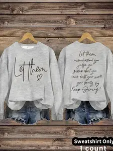 Women's Letter Heart Print Knit Sweatshirt, Casual Loose-Fit Long Sleeve Pullover, Fall Fashion Round Neck Top, All Seasons Wear