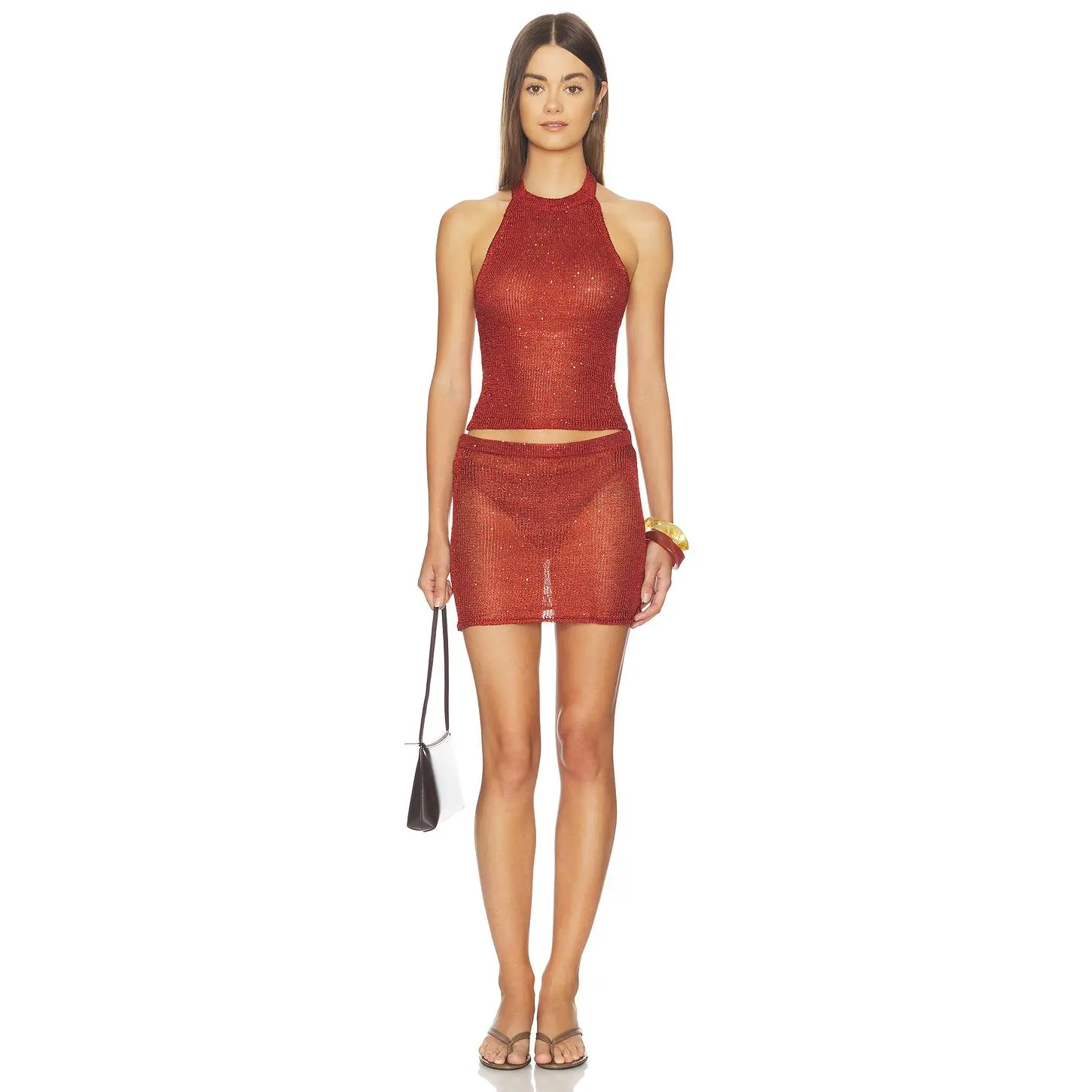 superdown Fifer Crochet Mini Skirt Set in Rust Metallic