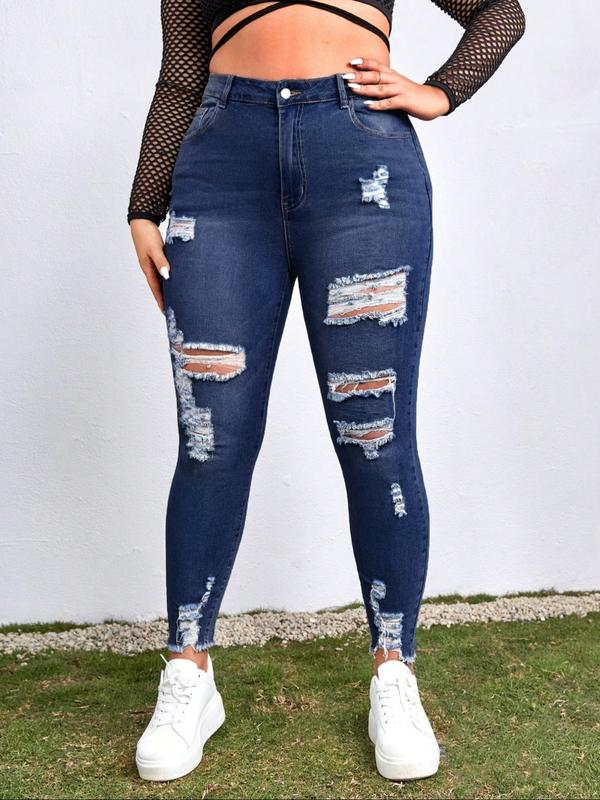 High Waist Ripped Denim Jeans, Stretchy Plus Size Skinny Fit Pants, Casual Fashion for Women, Comfortable Daily Wear