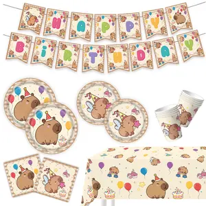 Cute Cartoon Capybara Party Decoration Set, Party Supplies, Includes Birthday Banner, Tablecloth, Ornaments, Disposable Cutlery, Paper Plates, Favors