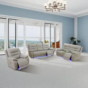 Breathing Leather Recliner Sofa Set Power Reclining with LED USB Ports 3+2+1 Piece Set Cup Holders Storage Console for Living Room Light Grey