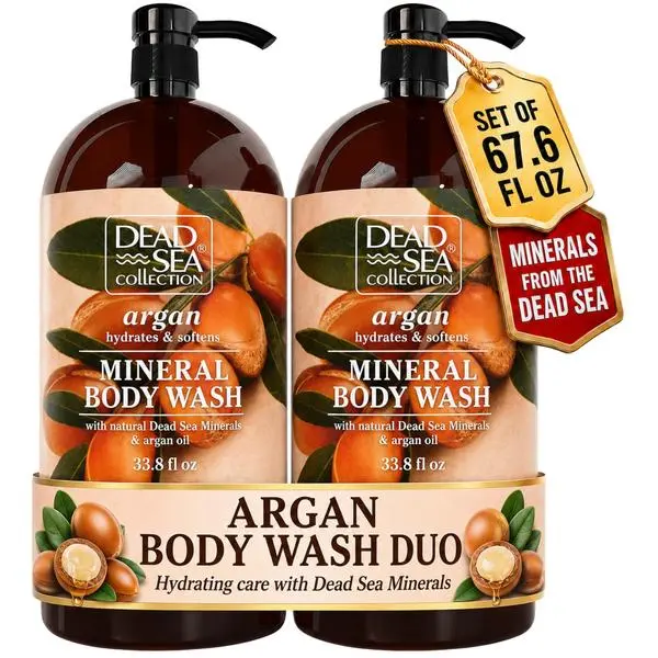 Dead Sea Collection Argan Body Wash for Women and Men - with Pure Dead Sea Minerals and Argan Oil - Cleanses and Moisturizes Skin - Pack of 2 (67.6 fl. oz)