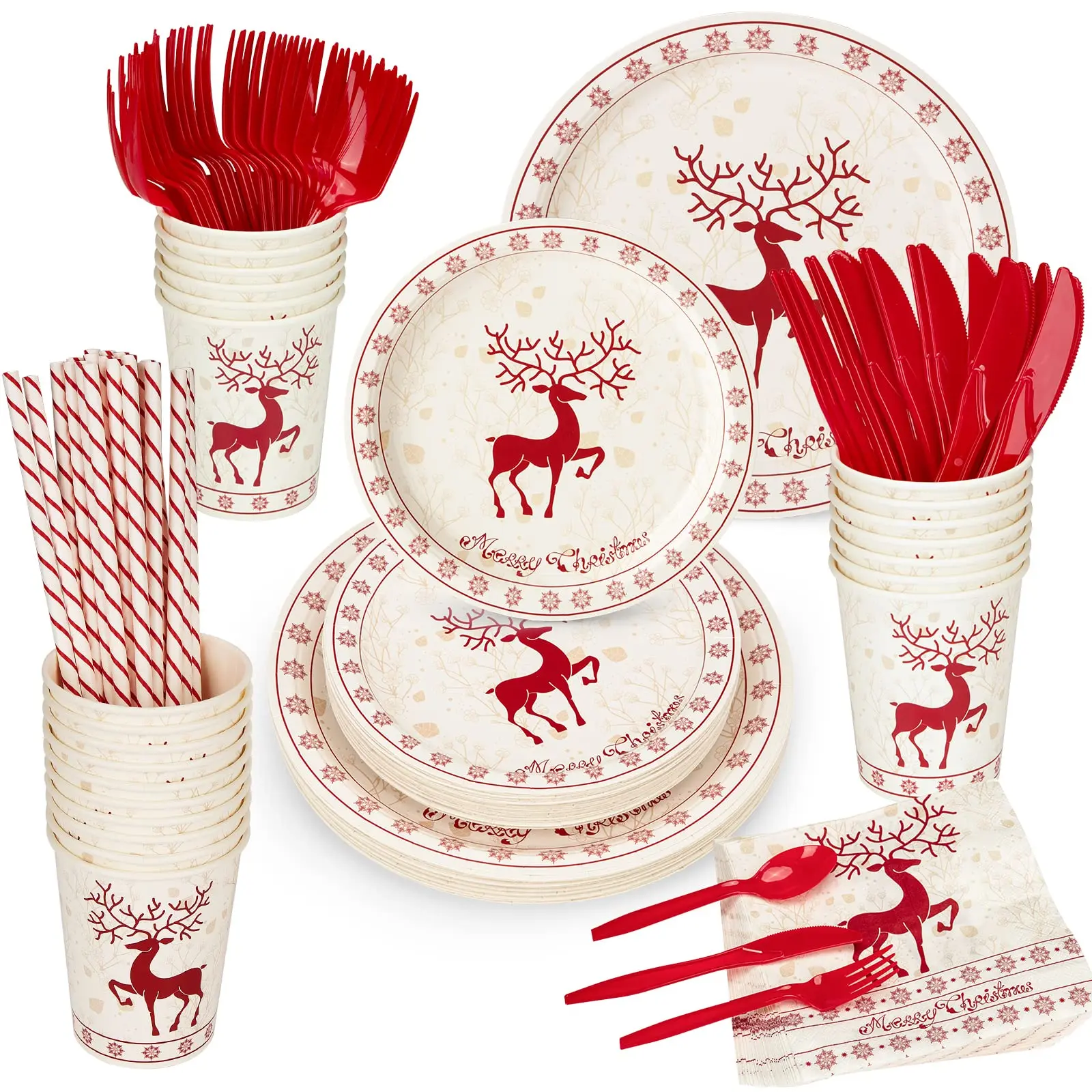 215 PCS Christmas Paper Plates and Napkins, Christmas Disposable Party Supplies Decorations, Christmas Tableware Set Include Dinner Plates, Dessert Plates, Cups, Napkins, Cutlery, Straws