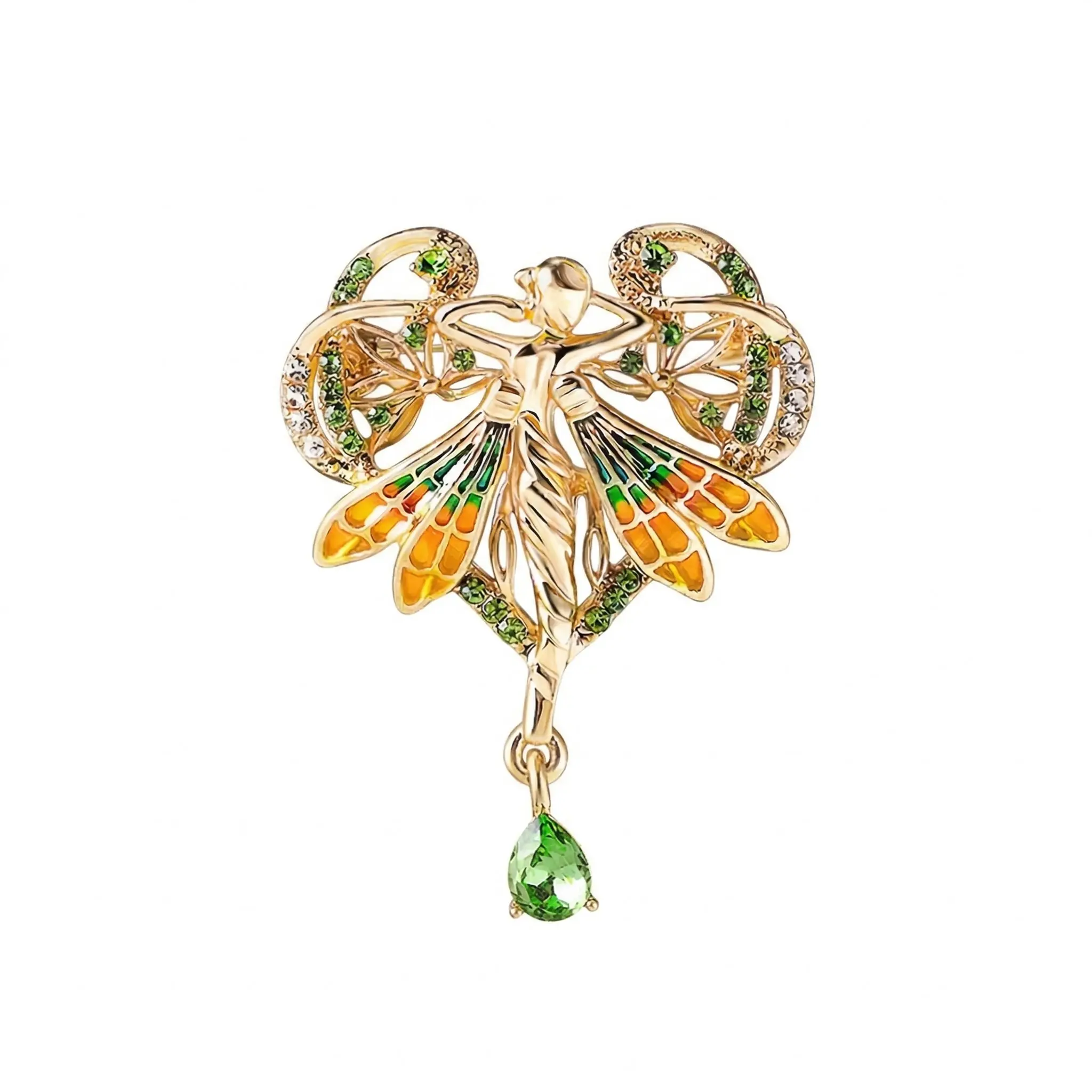 Gold Art Nouveau Fairy Brooch with Enamel Wings & Crystal Dangle — Statement Lapel Pin for Women