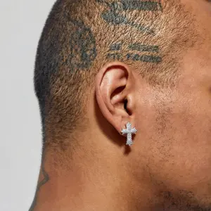 Hip Hop Cross Stud Earrings for Men, Hypoallergenic Iced Out Cubic Zirconia Studding Earrings for Sensitive Ears