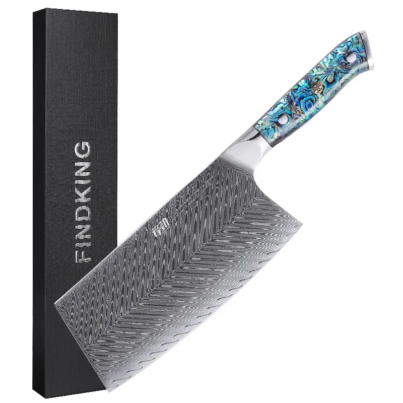 FINDKING Gorgeous Series 7.5 Inch Chopping Knife, 9Cr18Mov Damascus Steel, Razor-Sharp Blade, Resin Abalone Shell Handle, Professional Kitchen Knife, Cutting Chopping for Chicken Pork Spareribs Meat Vegetable