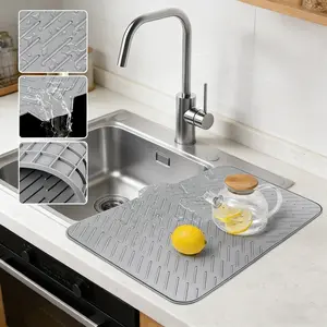 Silicone Dish Drying Mat 23 X 17 Grey with Built-in Drain Lip Hygienic Sturdy Compact Easy to Clean Tray Protects Surfaces Prevents Water Build Up