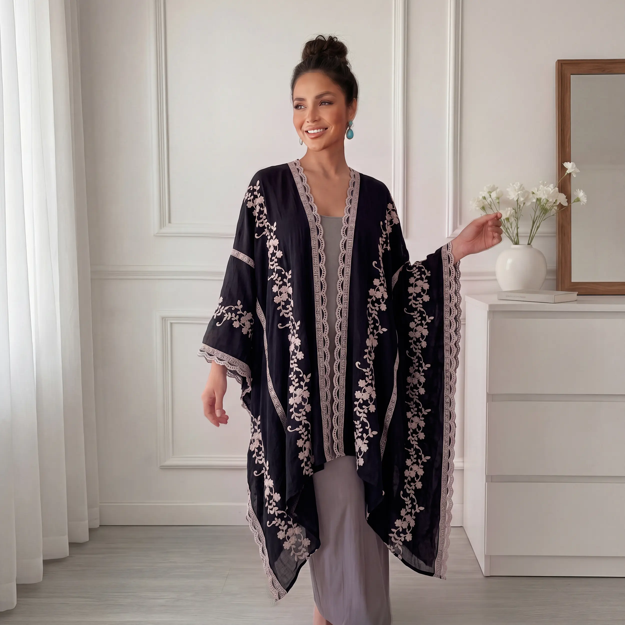 Boho Chain‑Pattern Floral Embroidery Kimono Cardigan for Ladies, Scallop Lace Edge Oversized Batwing Sleeve Open Abaya Cover‑Up, Lightweight Islamic Modest Outerwear