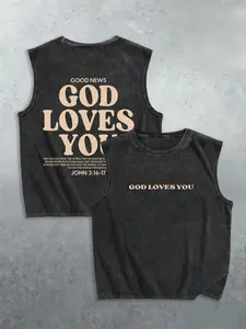 Men's Casual Washed Sleeveless Tank Top, Letter Print, Vintage Streetwear, Fitted Geometric Pattern, No Zipper, No Button, with Collar