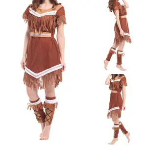 Women Halloween Native American Costume Short Sleeve Tassel Dress Headband Belt Leg Warmers Wild Cosplay Outfits
