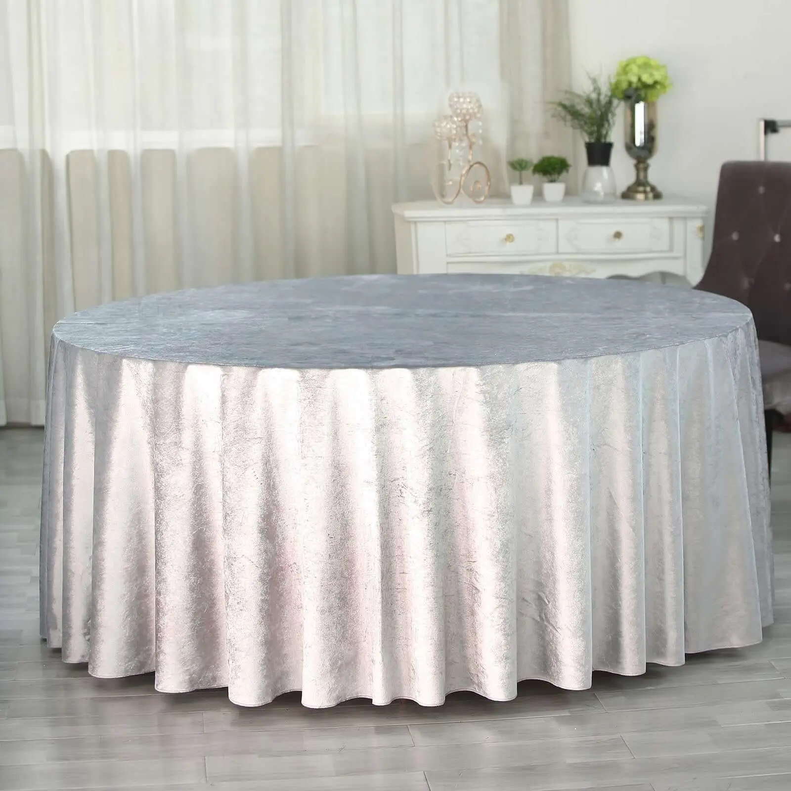 Premium Velvet Round Tablecloth - 120in Silver, Seamless, Soft, Reusable, Hand Wash Compatible, Formal Event Cover for Weddings, Birthdays, Receptions, Hotels