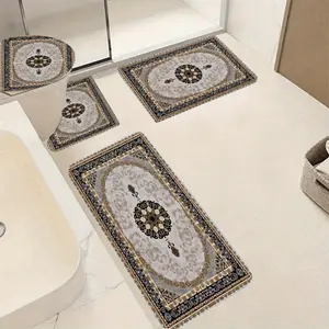 [4pcs Vintage Bath Rug] 4pcs Non-Slip Vintage Bohemian Flannel Bath Rug Set |   Rectangle Polyester Bathroom Mats, Soft Comfort Home Decor for All Seasons, Machine Washable