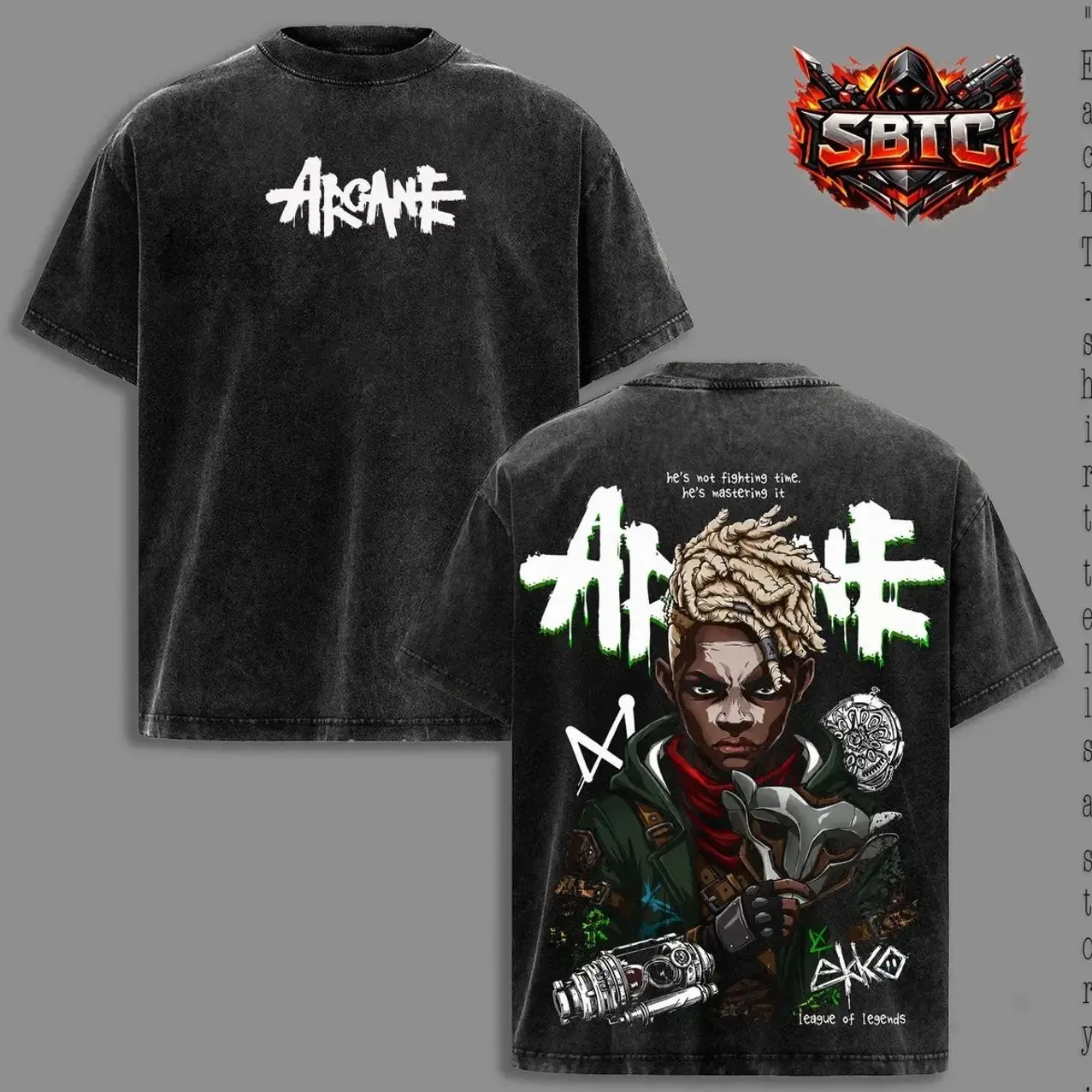 Ekko Arcane League of Legends Graphic T-Shirt, Boy Savior of Zaun Gaming Tee, Time Rewinder Champion Inspired Shirt, Double-Sided Acid Wash Cotton Top, Oversized MOBA Streetwear, Vintage Gamer Apparel, Lightweight Unisex Fantasy Game Gift O2D