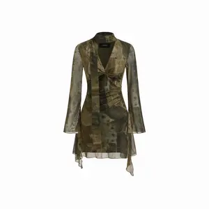 Cider Mesh V-neck Abstract Knotted Twist Ruched Mini Dress Dealsforyou
