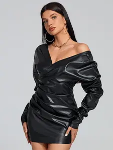 Deep V-neck Long Sleeve PU Dress Casual Womenswear