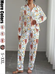 Women's Long Sleeve Sleepwear Set, Floral & Highland Cow Prints, Fitted Flannel Top & Wide Leg Pants, Casual Home Wear