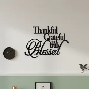 Thankful Grateful and Truly Blessed Metal Wall Art Sign - Inspirational Farmhouse Home Decor for Living Room & Entryway - Custom Laser Cut Steel Hanging Ornament