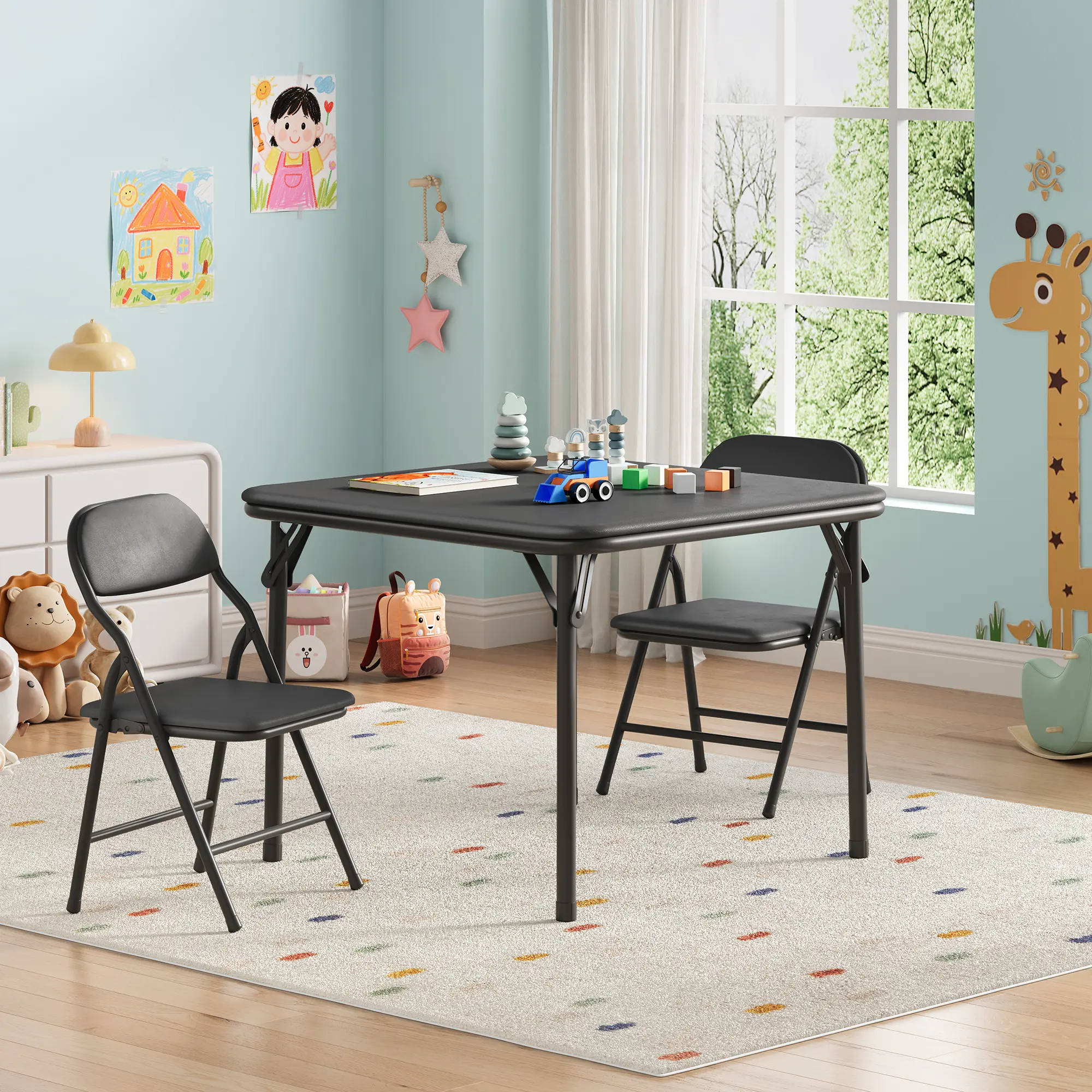 Foldable Kids' Study Table and Chairs Set - Easy Set Up, Space-Saving Design for Dining Room, Nursery Use