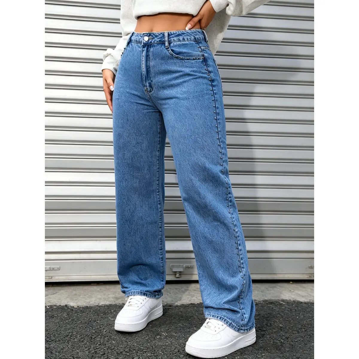 Side-Studded Wide-Leg Jeans, High Waist Denim Jeans for Women, Casual Comfy Loose Fit Baggy Non Stretch, Stud-Embellished Rivet Details, Stylish High Rise mother Pants, Womenswear Bottoms, Streetstyle Straight Leg Jean, Streetwear Trouser