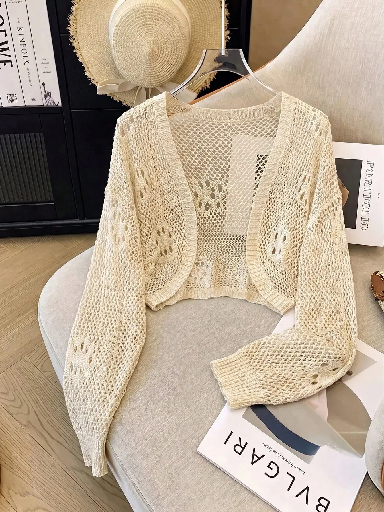 VYNCE Drop Shoulder Hollow Out Lightweight Knit Cardigan Breathable Soft Knit Open Front Cover Up Versatile Summer Spring Layering Piece