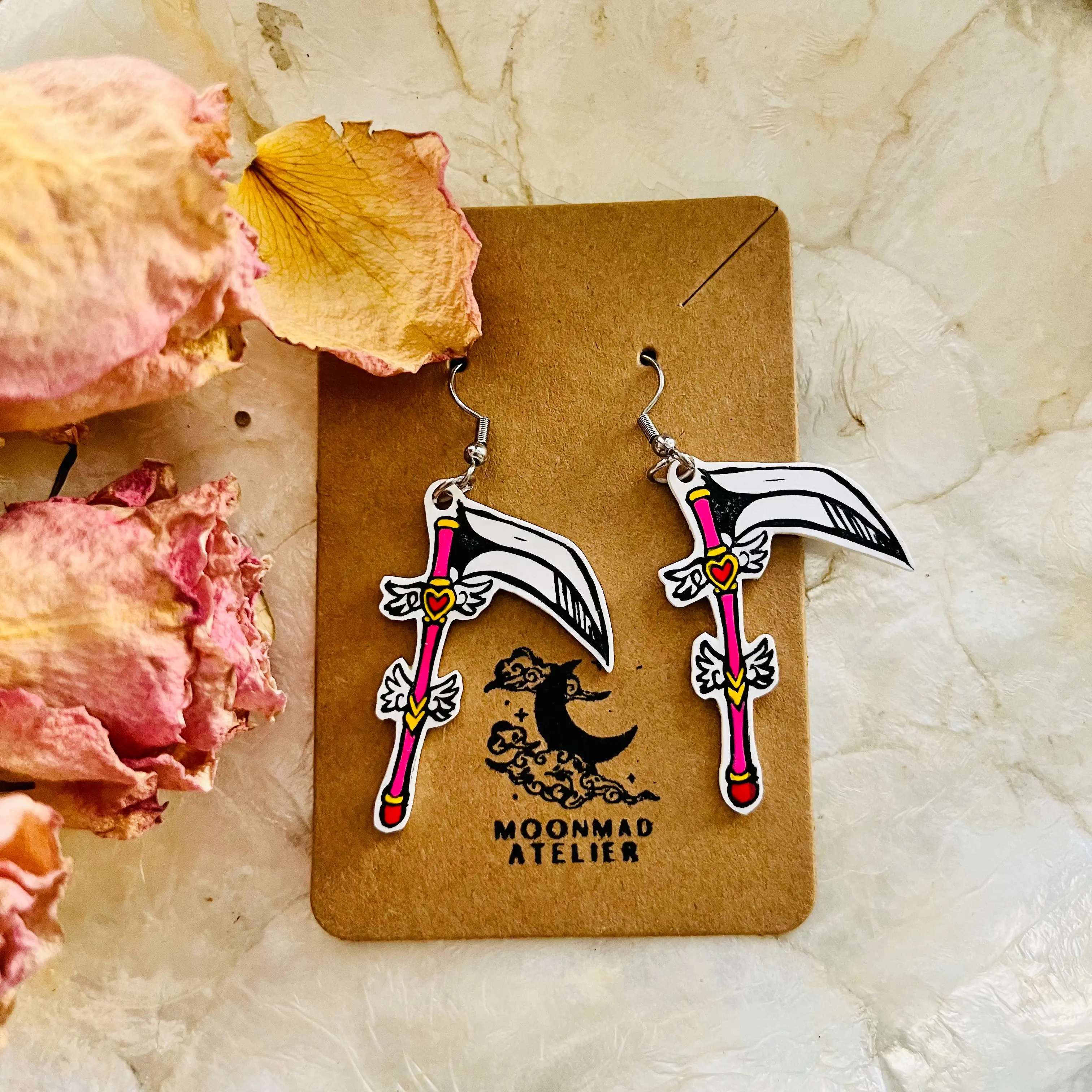 Magical girl scythe dangle shrink plastic earrings - handmade jewelry
