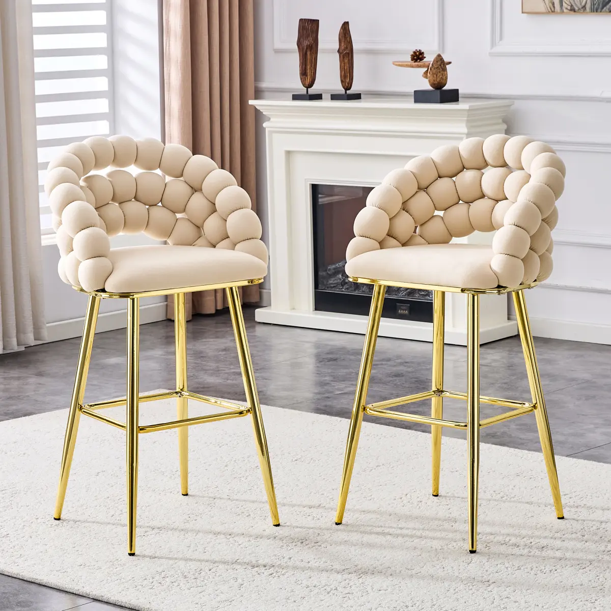 Velvet Bar Stool Set of 2 Puffy Bubble Chair Ball Chain Chair with Gold Legs, Modern Tufted Accent Bar Chairs for Kitchen Island & Home Bar
