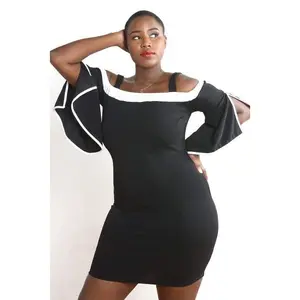 Black Bell Sleeves Bodycon Dress Fabric Knit Solid Women
