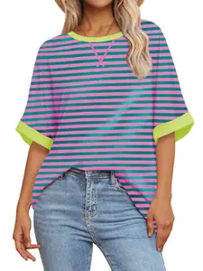 Tankaneo Women's Oversized Striped Tee Shirt Summer Casual Color Block Half Sleeve Crew Neck Tunic Tops