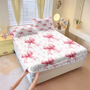 3-piece fitted sheet set with a pink watercolor bow print includes two pillowcases. It's a comfortable, durable, and stylish bedroom bedding gift, perfect for women, teenagers, and girls.