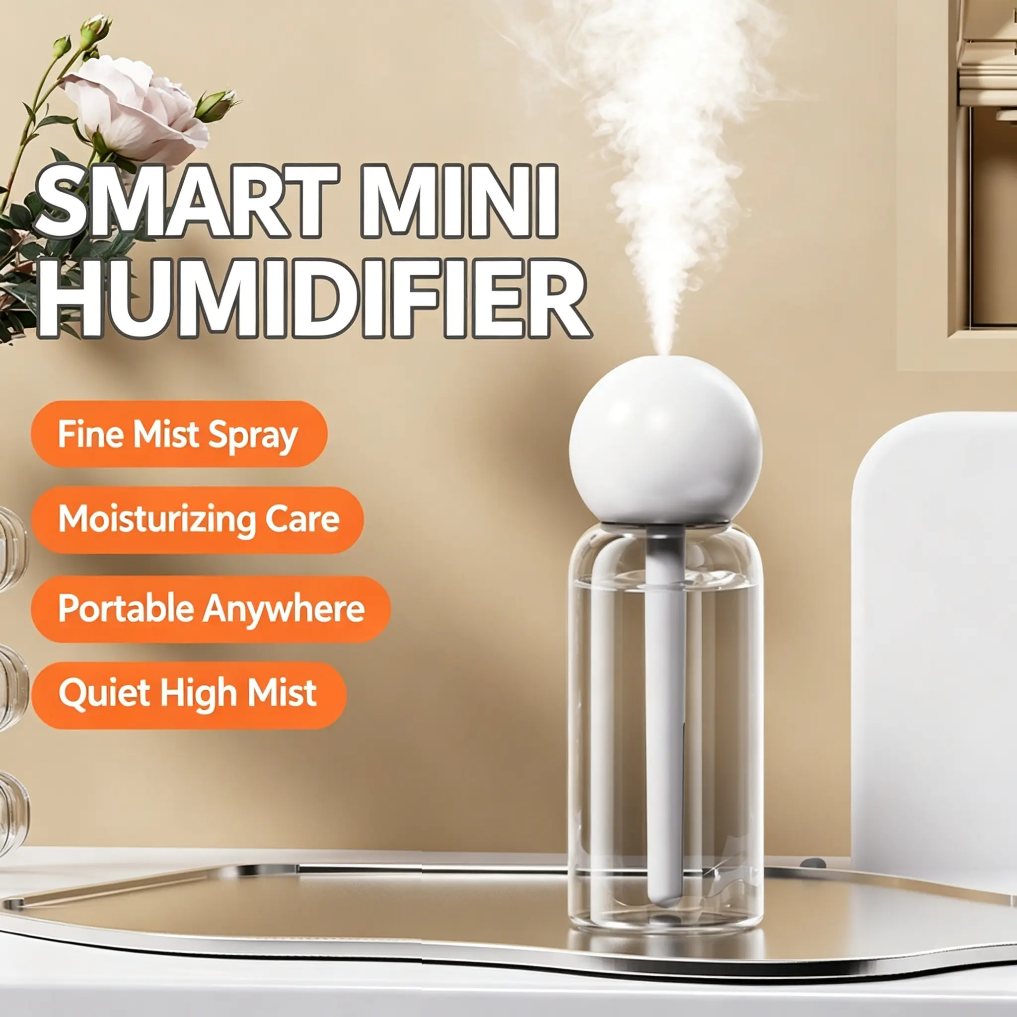 Cool Mist Mini Humidifier for Personal Space - Quiet Small Humidifier for Bedroom, Desk & Office, 220ml Portable Humidifier for Travel, Car & Indoor Plants, Auto Shut-Off