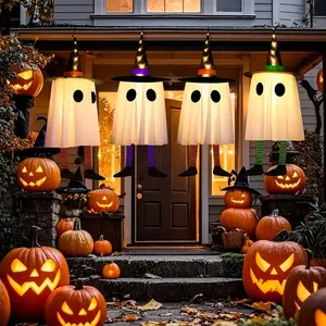 MICRENCY 2025 new model Set of 3 Halloween Hanging Ghosts, Halloween Decorations Outdoor Hanging Ghosts with Witch Hat,Glowing Ghost Witch Hat Lights, Halloween Ghost Decor for Yard Patio Garden Tree Outside cute gift bag
