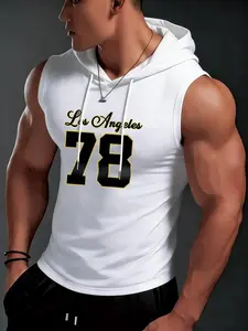 Men's Sleeveless Hooded Gym Vest, Handwritten Number Print, Urban Sports Style, High Stretch Breathable Fabric, Ideal for Training and Daily Wear