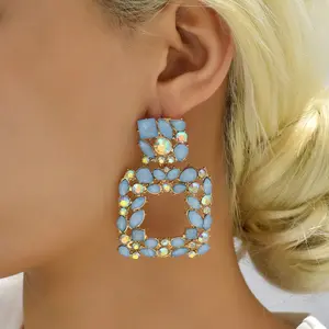 Geometric Square Blue Stone Drop Earrings - Women's Hook & Clip-On Earrings - Bridal Elegant Accessory - High-Quality Jewelry Gift for Valentine's Day & Christmas