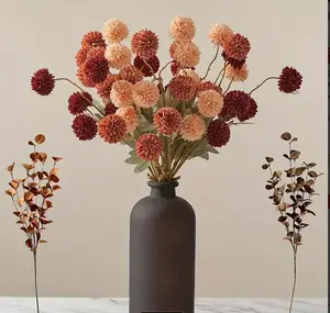 Multicolor Silk Faux Mum Flowers 10 Stems & Eucalyptus 2 Stems Long Stem Bouquet for Vase Neutral Tan Nude Cream Chrysanthemum Pom Pom Floral Arrangements Maintenance Free Home Decor - Decorative Plants Set Farmhouse Multicolor
