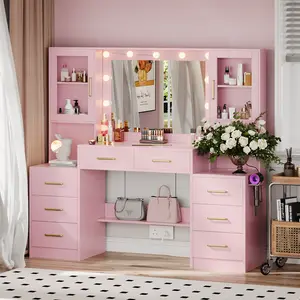 58.3" Vanity Desk with Mirror and Replaceable Lights & Charging Station, Bedroom Dressing Table, Large Vanity Set, 8 Drawers and 2 Cabinets, Makeup Vanity Table with Charging Station, Without Stool, White, Black, Pink