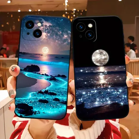 Moon & Starry Sky Pattern TPU Full-Coverage Smartphone Protective Case - Drop-Proof, Shockproof, Non-Slip, Easy-Grip Casing for iPhone 18 Pro Max,17,16,16 Plus,15,14,13,12,11,XS,X & Samsung Models, Ideal Gift Accessory