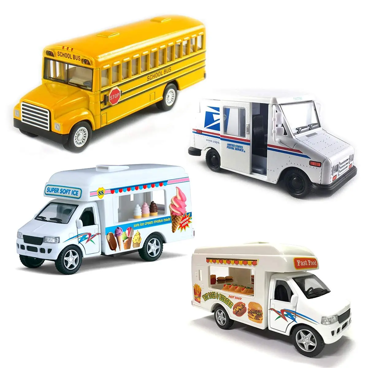 Diecast Toy Trucks Gift Set of 4 | Ice Cream Truck, Food Truck, School Bus, Mail Truck | Pullback Truck Toys for Boys and Girls and Detailed Interior
