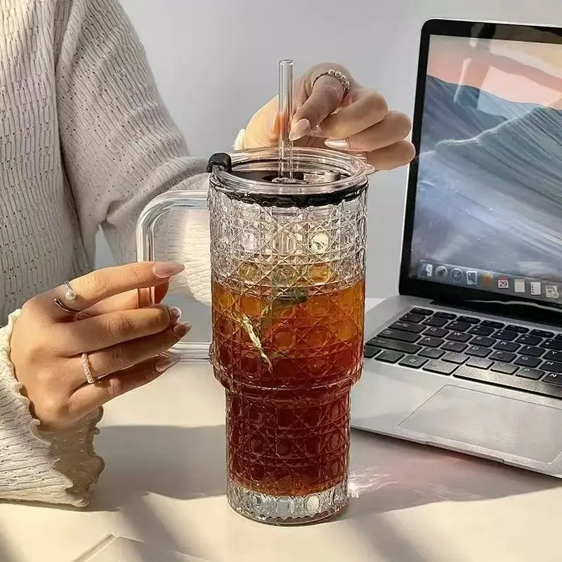 Large Capacity Glass Cup with Handle and Straw, High Aesthetic Office Insulated Water Bottle, Heat Resistant Drinking Mug, Leakproof Insulated Tumbler, Tumbler Drinkware