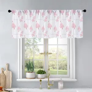 1pc Christmas and New Year printed kitchen curtains Cute Pink Christmas Pine Trees Watercolo curtains valance window treatment living room bedroom home decor 54 x 18 inch