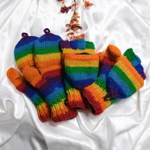 Knitted Rainbow Wool Gloves/Mittens, Polar Fleece Lined Mitts, Convertible Fingerless Gloves, Crocheted Pride Mitten, Festival Unisex Gloves