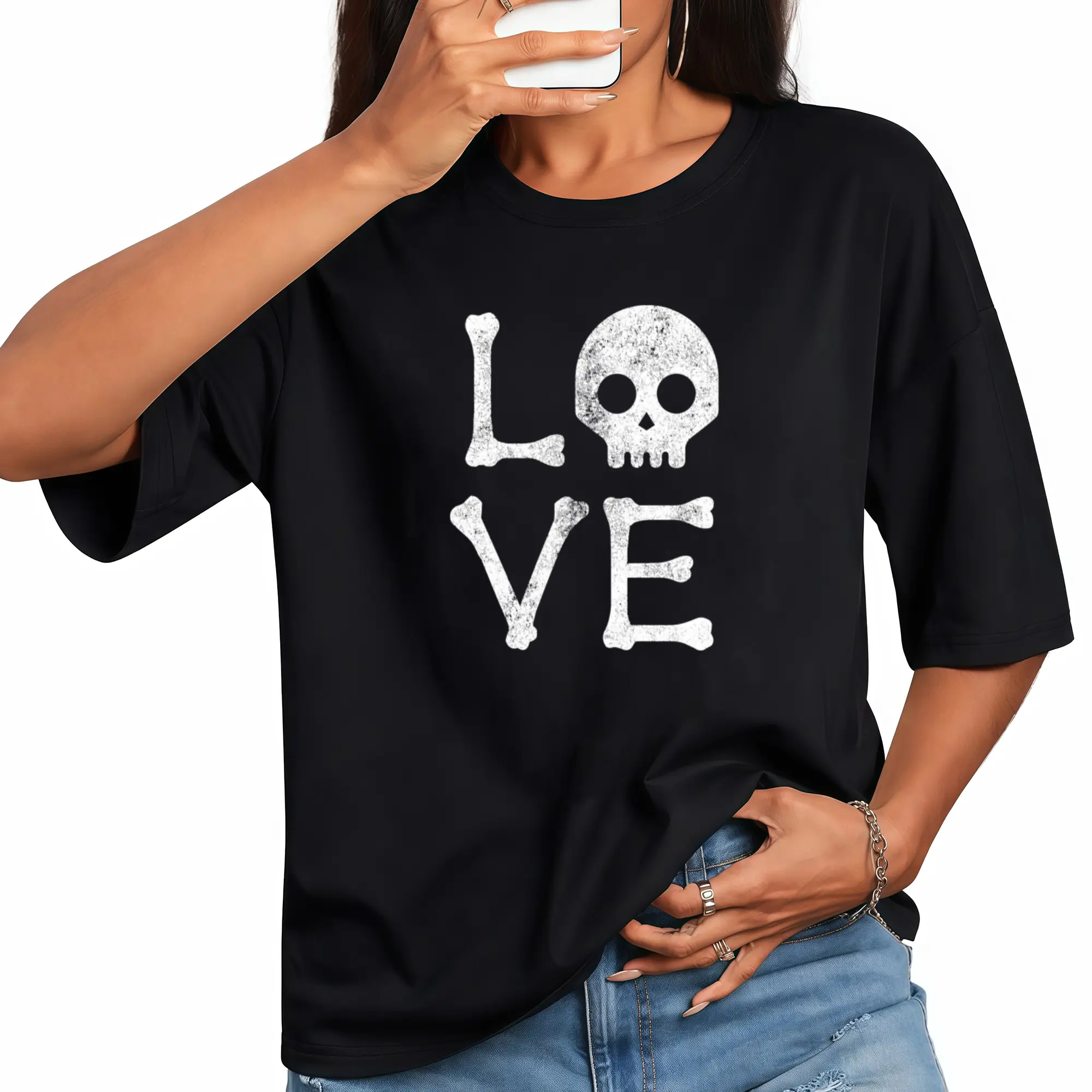Womens Love Skull T Shirt Funny Skeleton Bones Halloween Party Graphic Tee Funny Womens T Shirts Cute Vintage Fashion Casual Ladies T-Shirt Gift Halloween Tops for Women Women's Novelty Tees Black