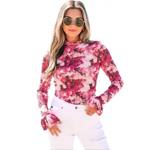 Women's Rose Floral Mesh Blouse, Long Flounce Sleeve Mock Neck Top, Women's Shirts