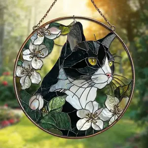 Tuxedo Cat Stained Glass Suncatcher, Tuxedo Cat Art Window, Floral Cat House Decor, Cat Lovers Gift, Flowers Decor