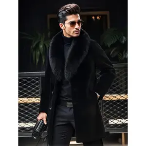 Men's Fashionable Black High-Quality Faux Fur Winter Coat, Long Plush Jacket with Sherpa Collar, Soft and Warm, Casual Business Party Style, Qin Grass, Rabbit Fur Menswear Polyester