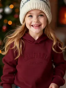 Girls Wine Red Hooded Sweatshirt Embossed Casual Top Loose Warm Versatile Kids Clothes for School Travel Cute Sweatshirt