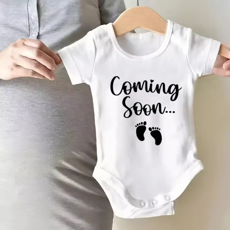 Unisex 100% Cotton Short Sleeve Newborn Bodysuit - "Baby Coming Soon" Print Pregnancy Announcement Outfit, Newborn Outfits, Buttons