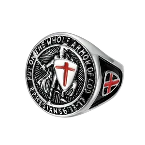 1Pc Knight Templar Armor Pattern Men’s Ring - Red Cross Design