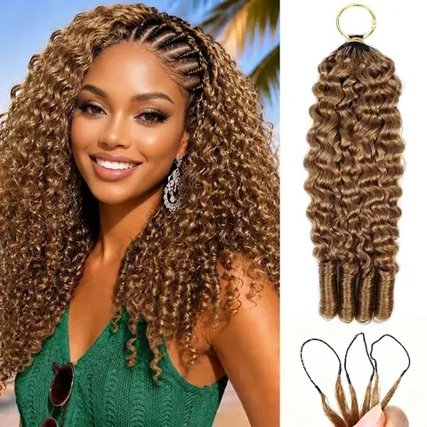 Bling Hair Female #27 Honey Blonde Bulk Human Curly Weave Extensions - Knotless Burmese Crochet Pieces, Reusable Invisible Feather Wet-And-Wavy Styled, 14inch/20inch Texturizing Hairpieces